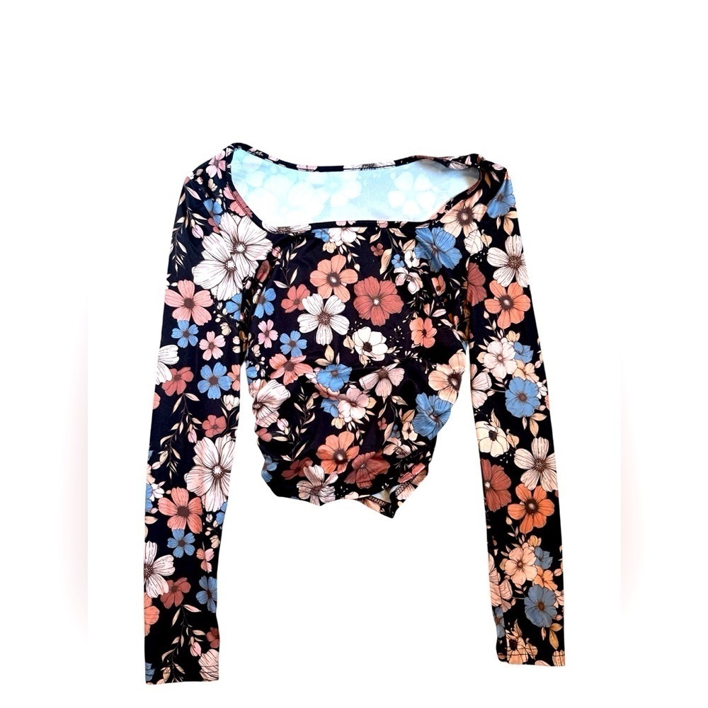 Emory Rose Retro style cropped, cinched floral print Bodycon top. Size Small